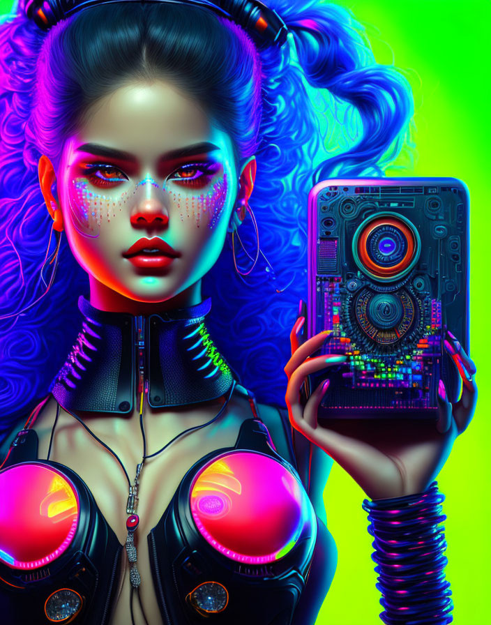 Colorful cyberpunk image: Female with blue hair and high-tech arm holding electronic device