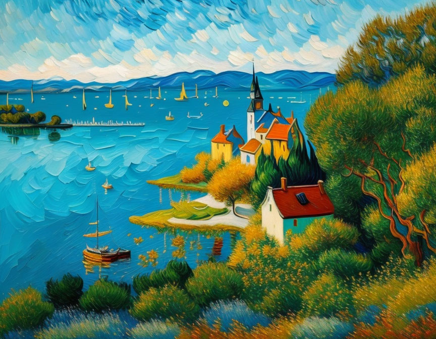 Colorful seaside landscape with church, boats, and foliage in swirling pattern