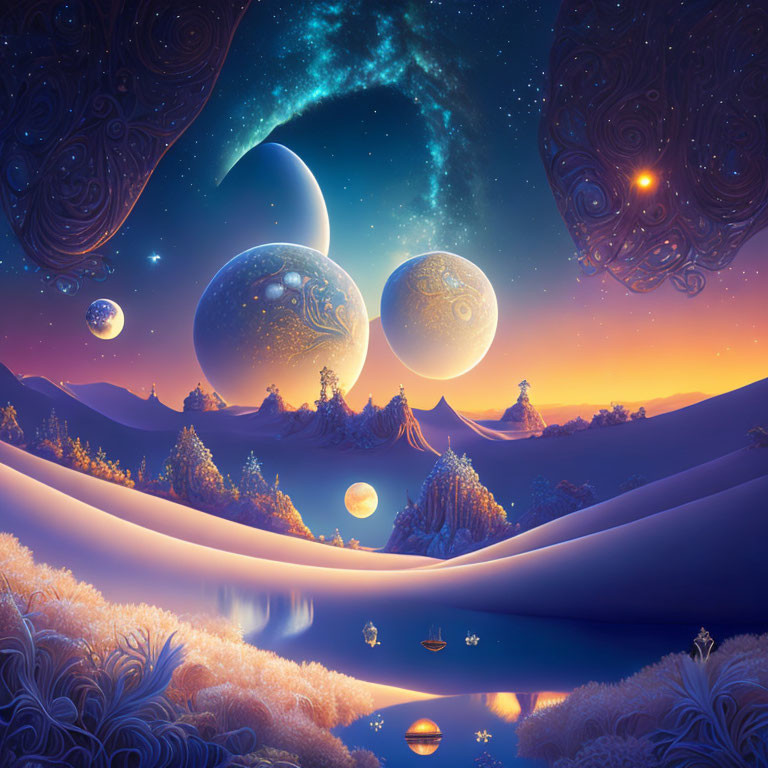 Colorful Fantasy Landscape with River, Trees, Hills, and Celestial Bodies