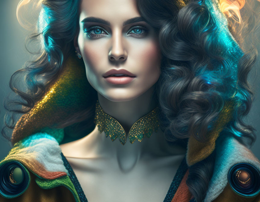 Vibrant woman with wavy hair in colorful cloak and golden details