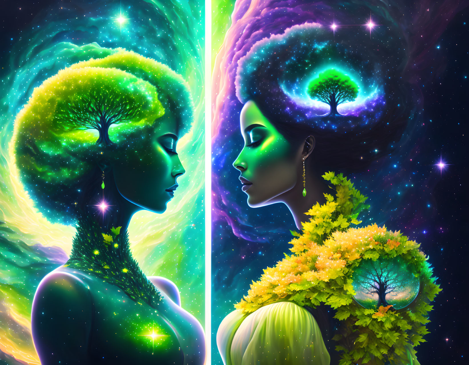 Female figures with cosmic backgrounds and tree elements depicted in artwork.