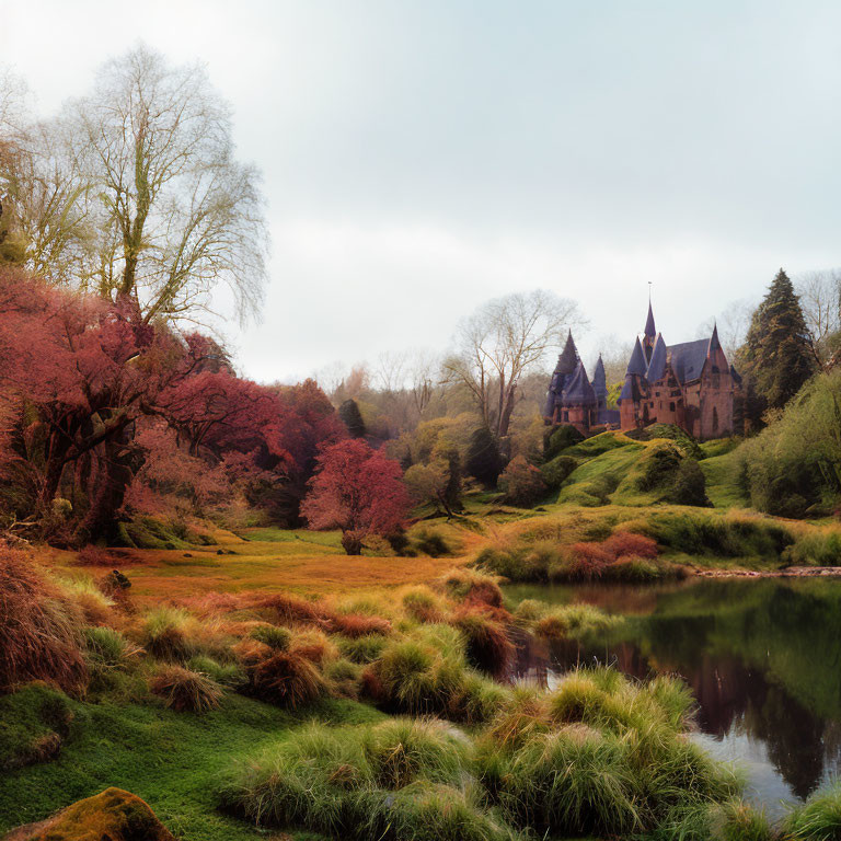 Tranquil autumn landscape with castle, pond, and foliage