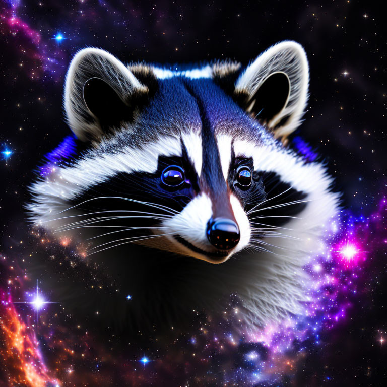 Digitally enhanced raccoon face against starry galaxy backdrop