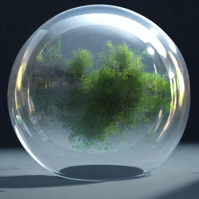 Transparent glass sphere with green trees reflecting surroundings on glossy surface