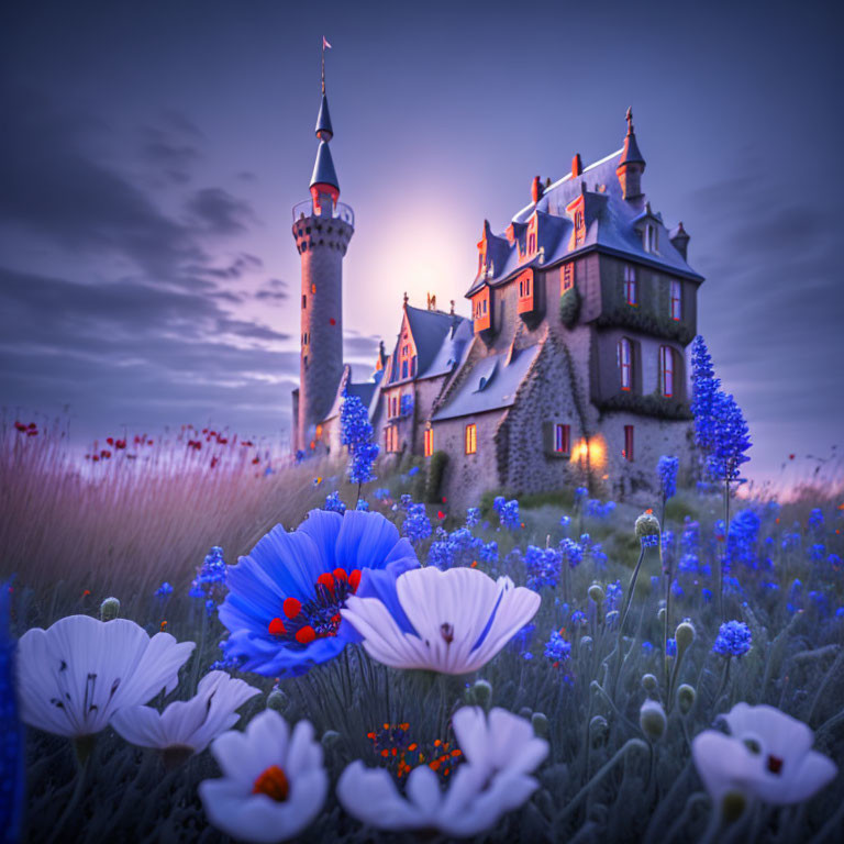 Twilight scene with fairytale castle and vibrant wildflowers