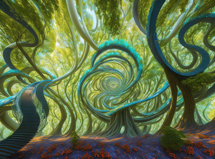 Surreal forest with twisted trees and spiral-patterned sky