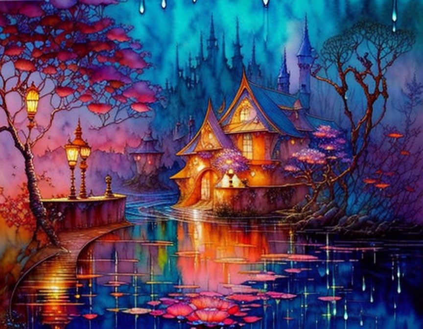 Enchanting fantasy scene: glowing cottage by serene lake, luminescent trees.