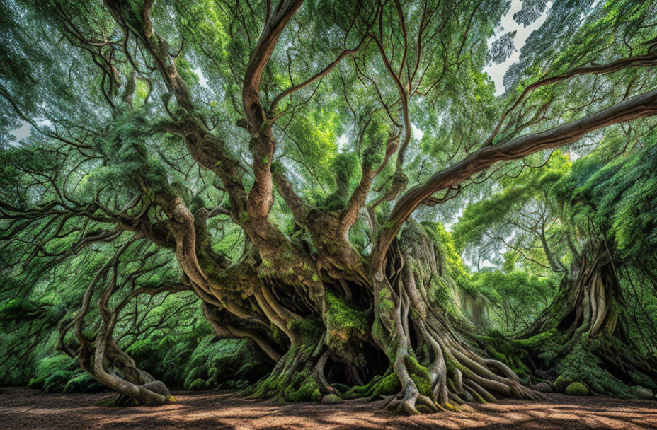 Majestic ancient tree with lush canopy in serene forest