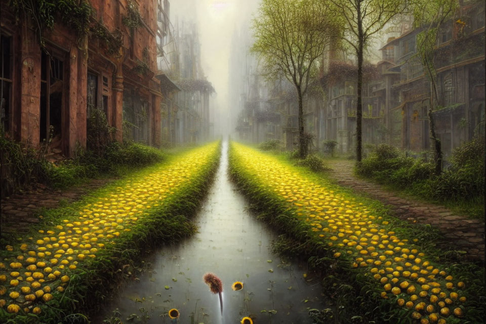 Deserted cityscape with lemon-lined pathway and dandelion under ethereal light