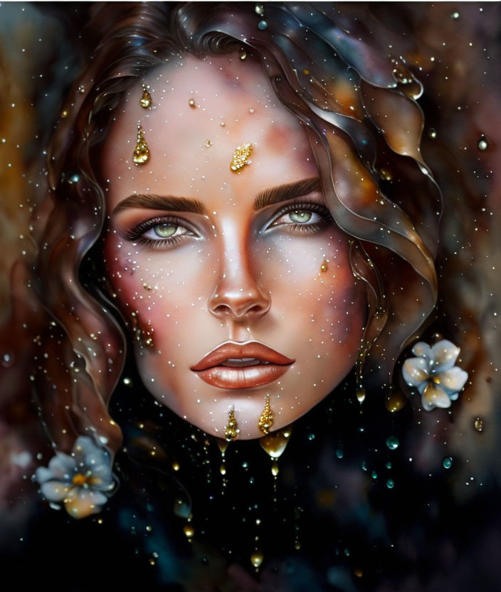 Brown-haired woman with green eyes, golden specks, teardrops, and white flowers on star