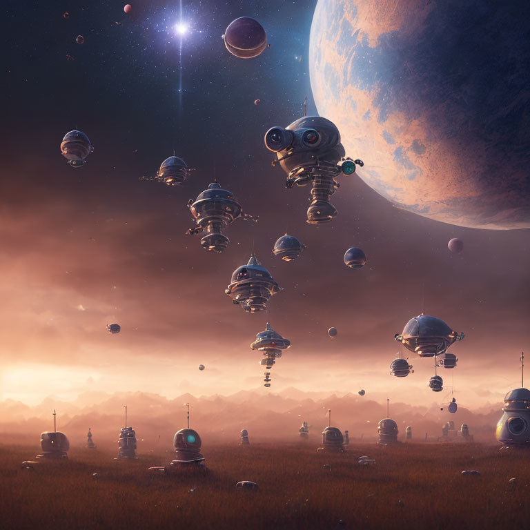 Sci-fi landscape with robotic structures, giant moon, planets, and stars at dusk