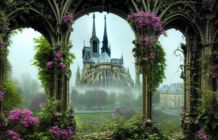 Stone arch with flowering vines framing misty view of Gothic cathedral