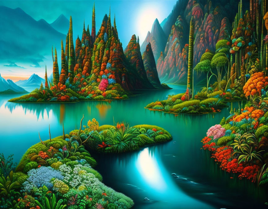 Colorful Flora, Mountains, River in Serene Landscape