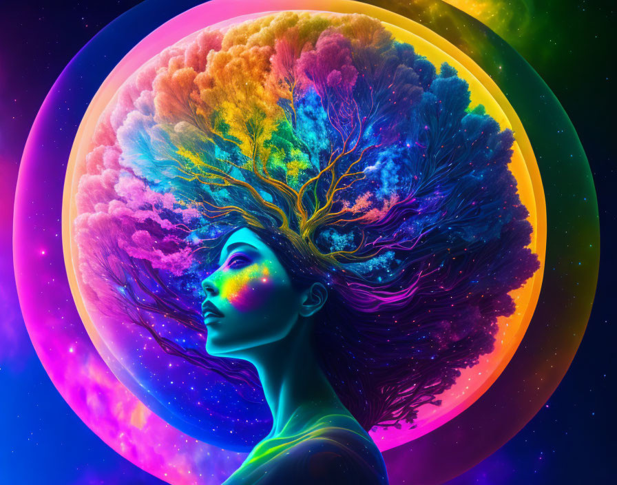 Surreal portrait: woman's profile merges with vibrant tree on cosmic backdrop