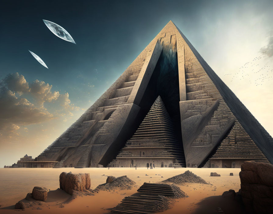 Futuristic pyramid structure in desert with portal and floating metallic shapes