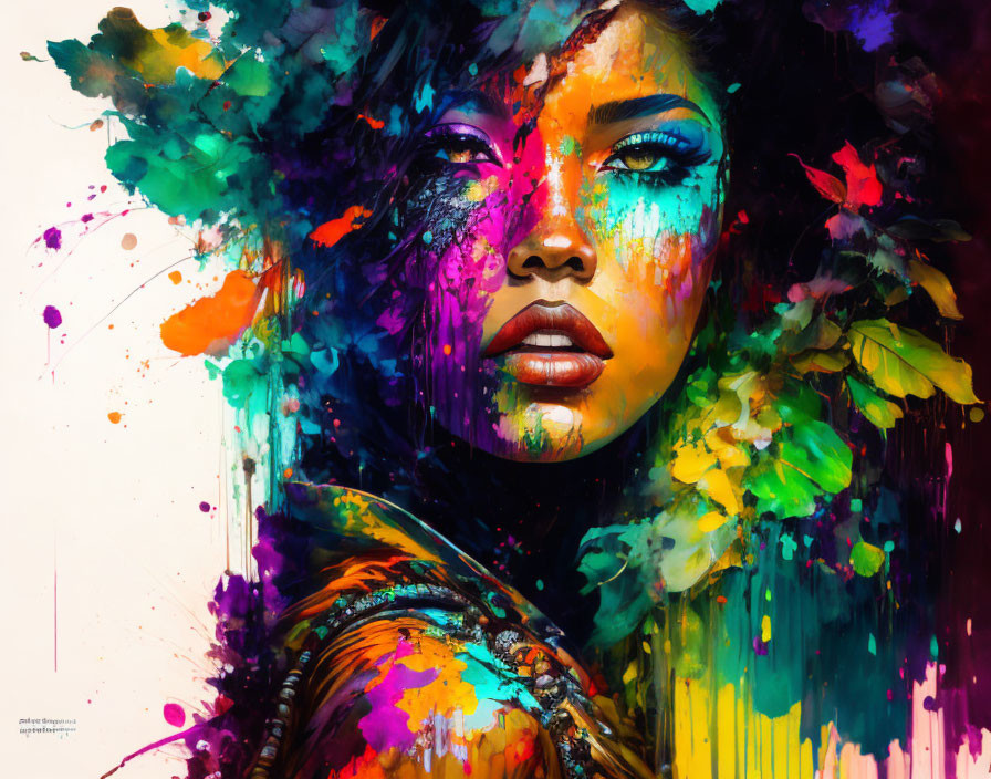 Colorful Paint Splatter Portrait of Woman