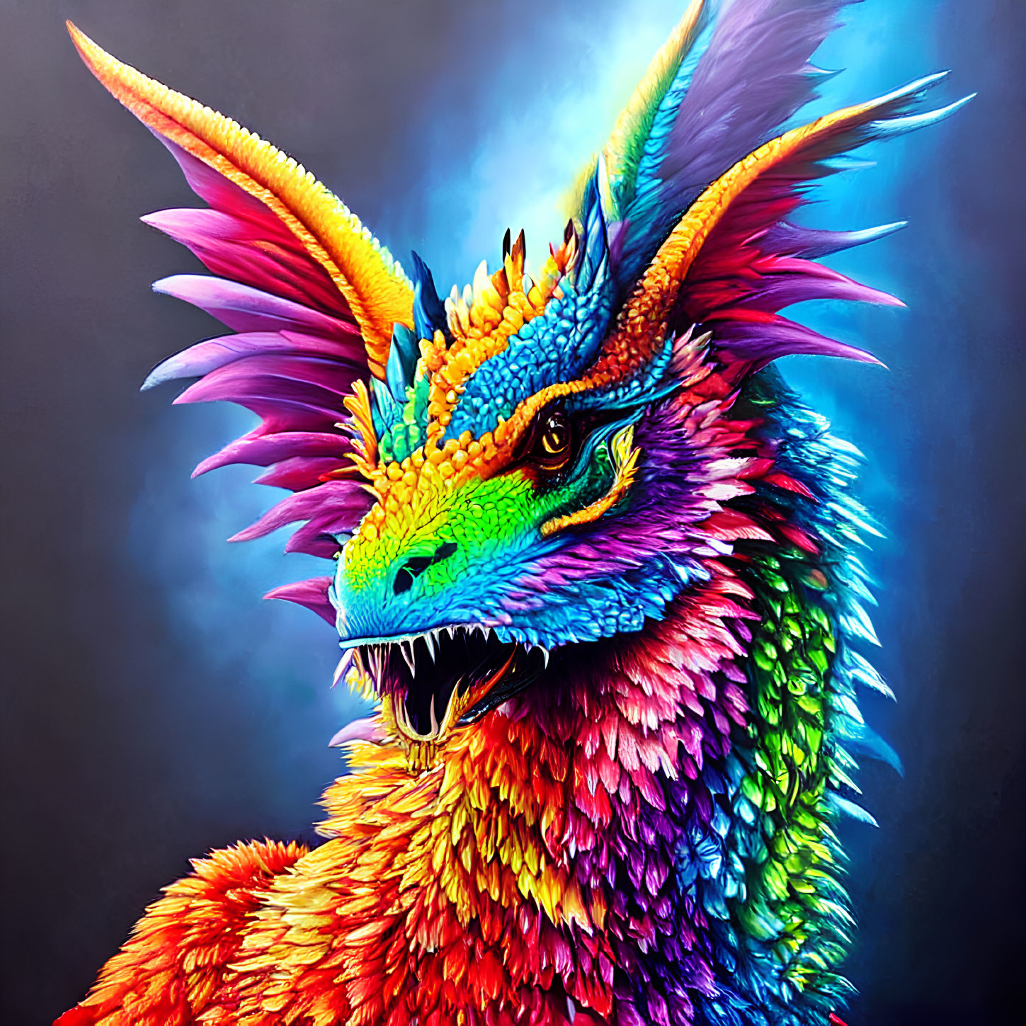 Colorful Dragon with Sharp Teeth and Horn on Blue Background