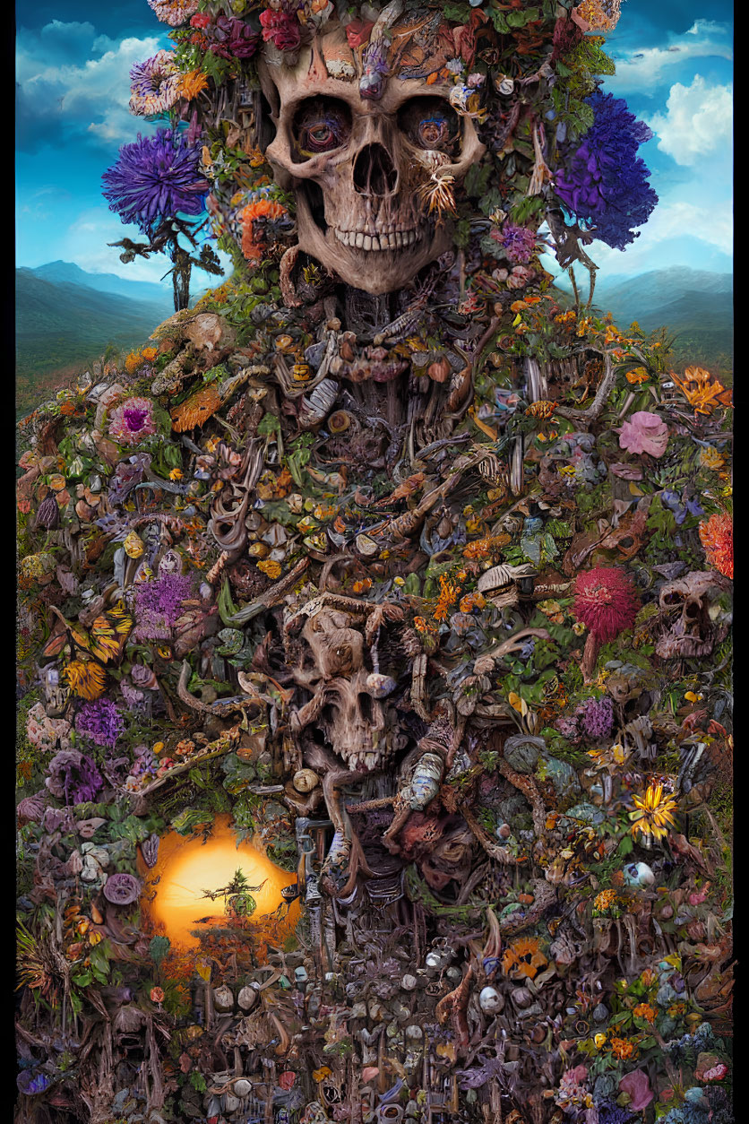 Skull surrounded by vibrant flowers and bones at sunset in detailed artwork