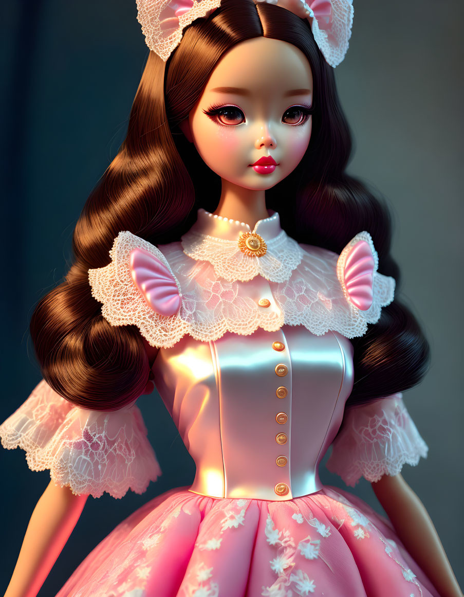 Porcelain-like Doll in Pink Victorian Dress with Cat Ears