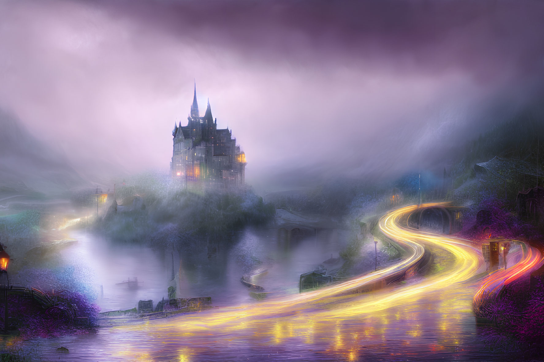 Mystical castle on foggy hill with light trails in twilight