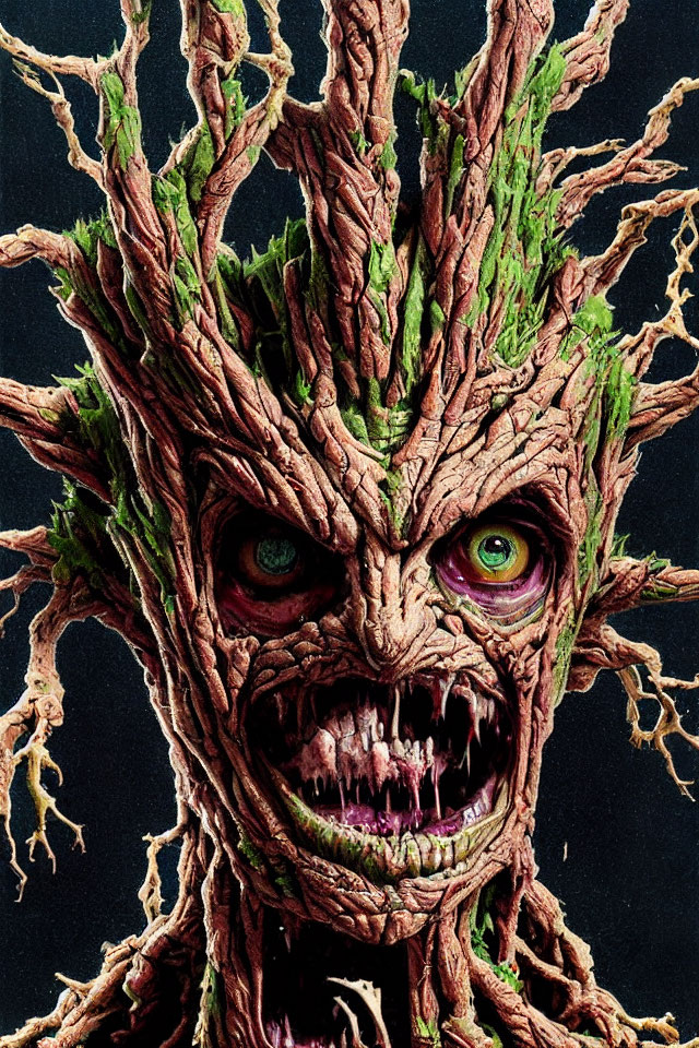 Detailed illustration of creature with tree-like appearance, green eyes, bark skin, intertwining branches