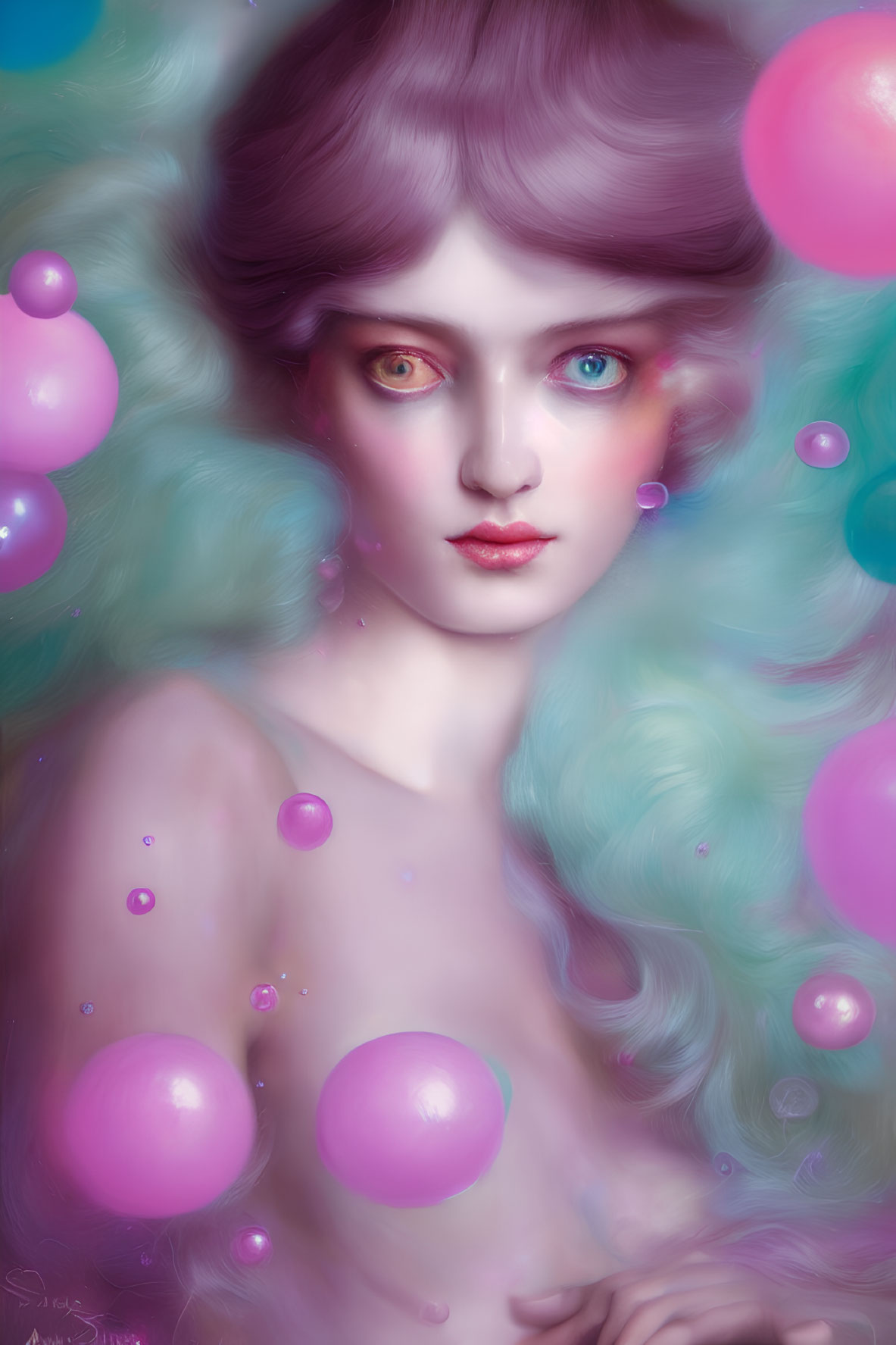 Pastel Purple Hair Female Figure with Heterochromic Eyes in Dreamy Portrait