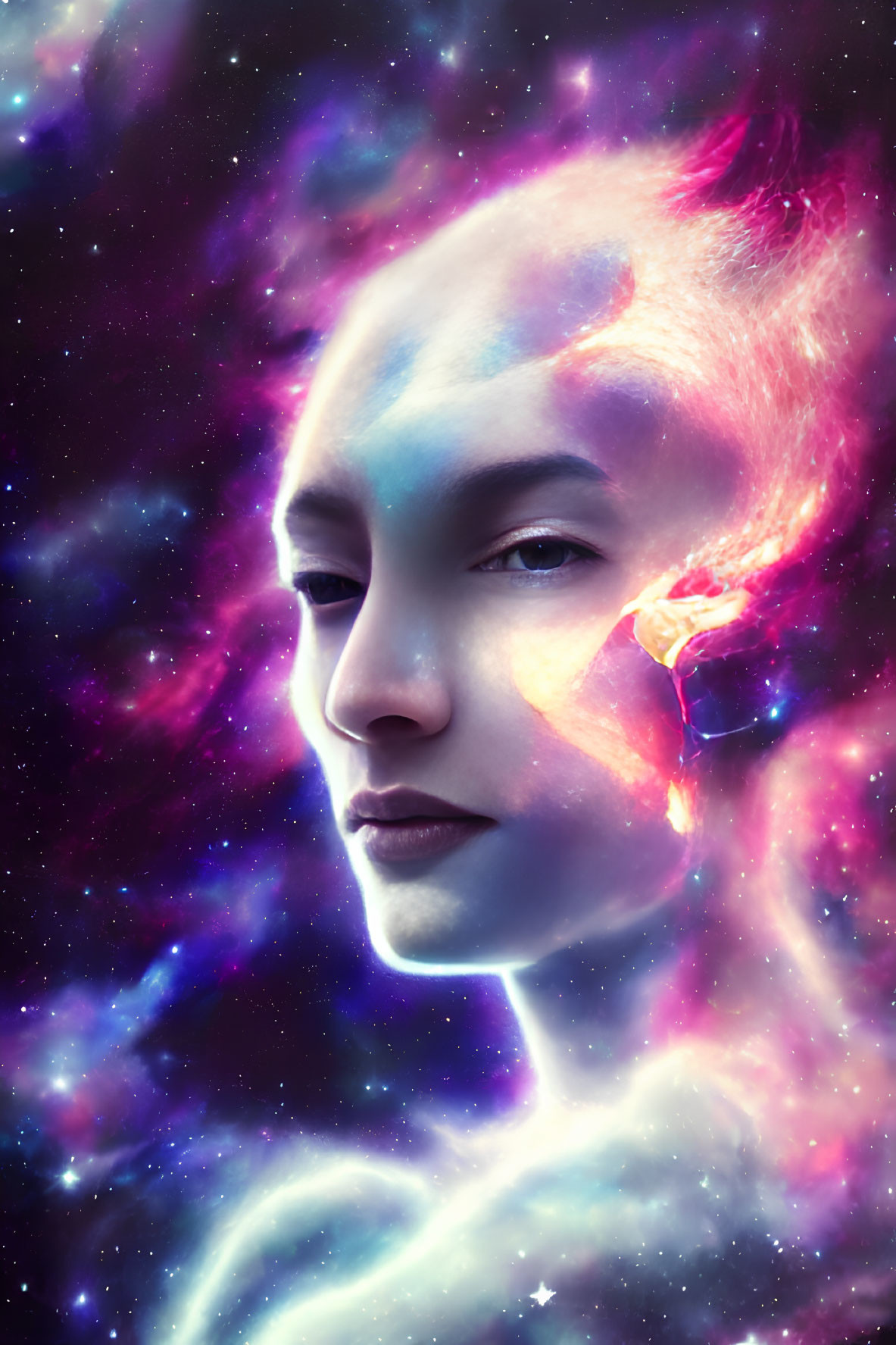 Portrait of a Woman Blending with Vibrant Cosmic Nebula