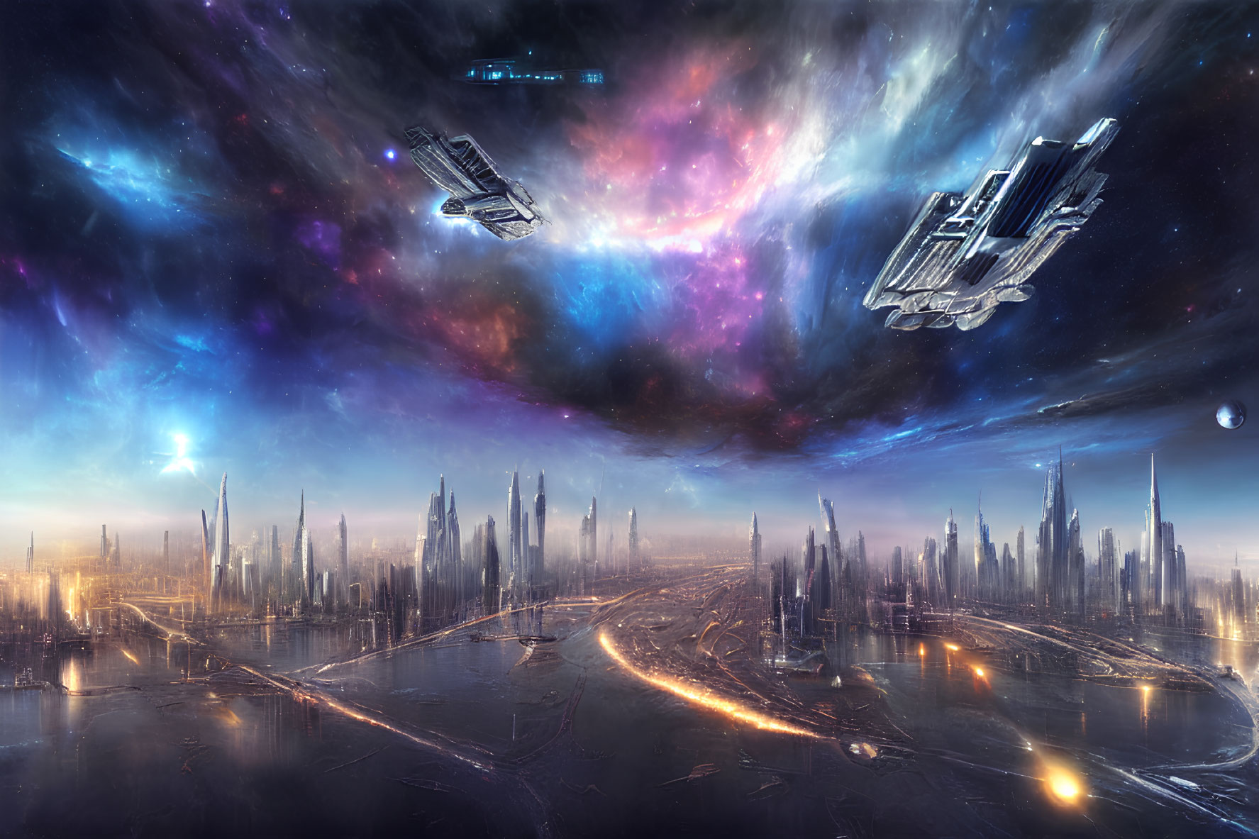 Futuristic cityscape with skyscrapers and spacecraft under celestial sky