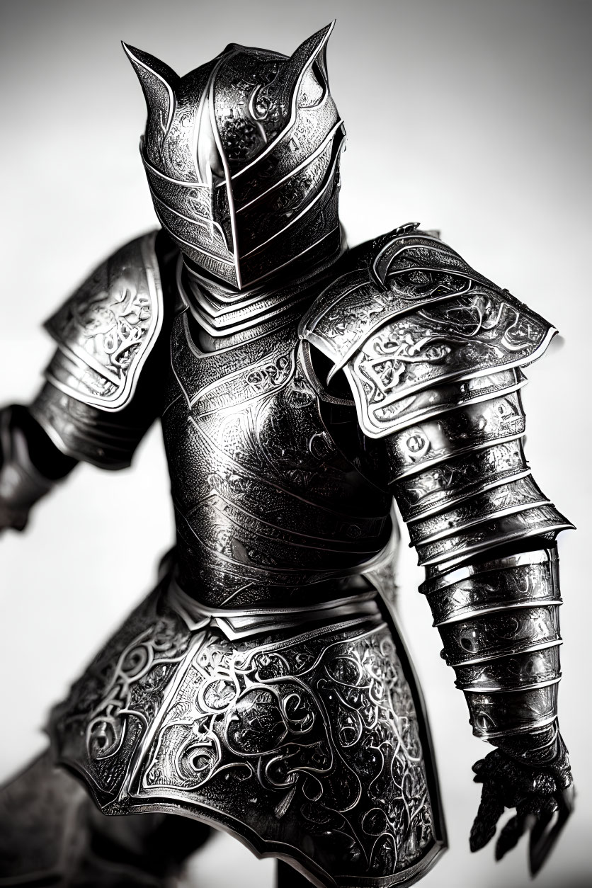 Detailed Full-Body Medieval Armor with Ornate Engravings on Light Background