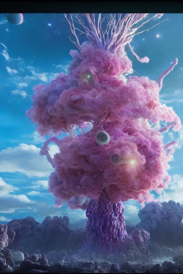 Vibrant Pink Tree with Cloud-like Foliage and Planets in Blue Sky