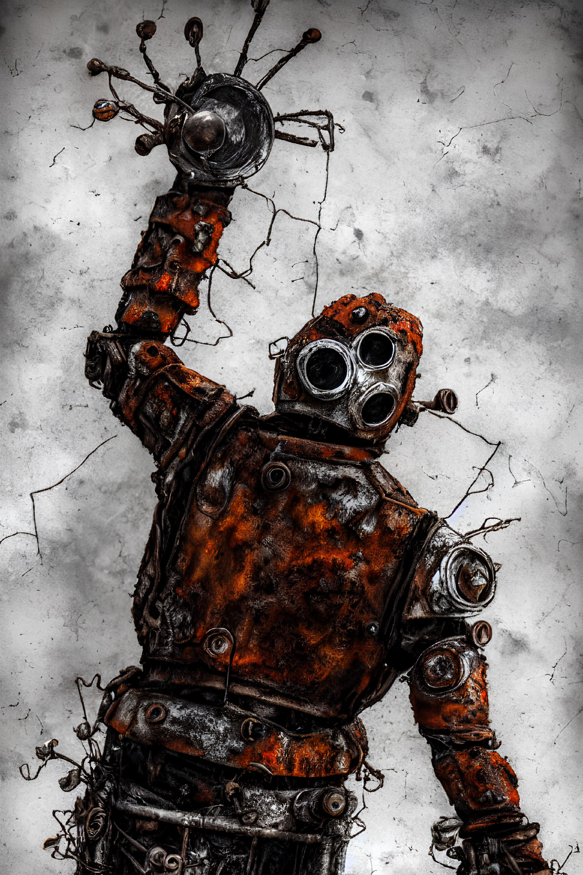 Rusted robot with multiple appendages on cracked gray background