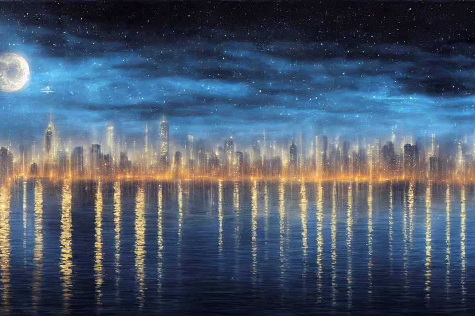 Urban skyline illuminated at night with starry sky and crescent moon reflected on water