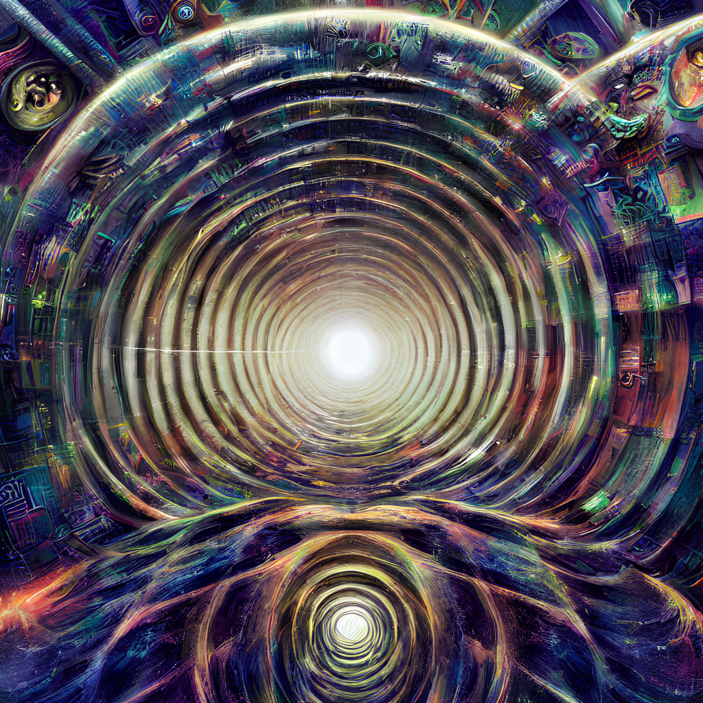 Colorful digital artwork of circular tunnel with intricate patterns and bright center light