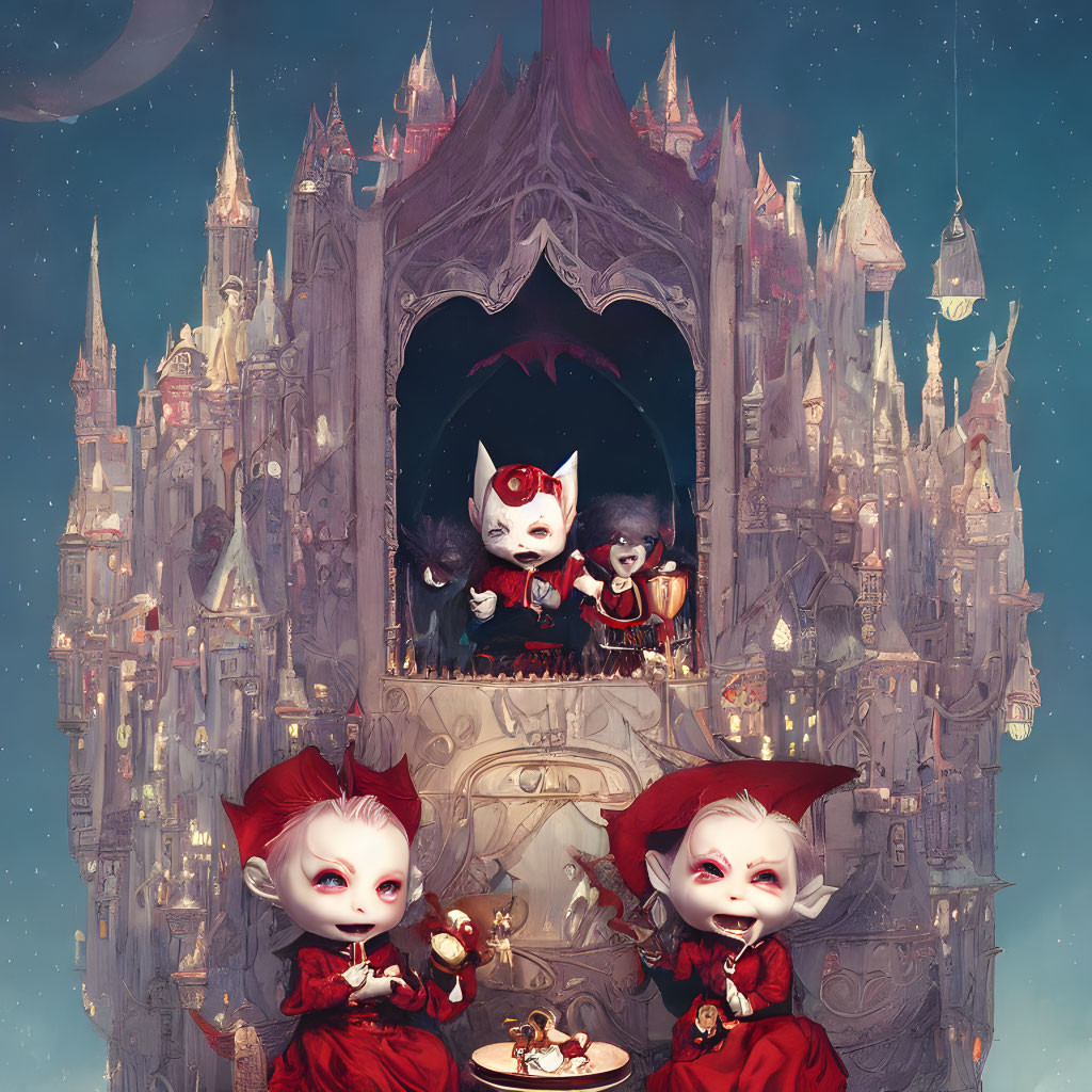 Whimsical vampire characters in opulent attire at a gothic castle in the sky