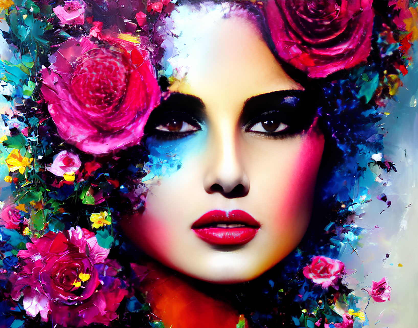 Colorful Floral Motif Surrounding Woman's Face with Pink Roses