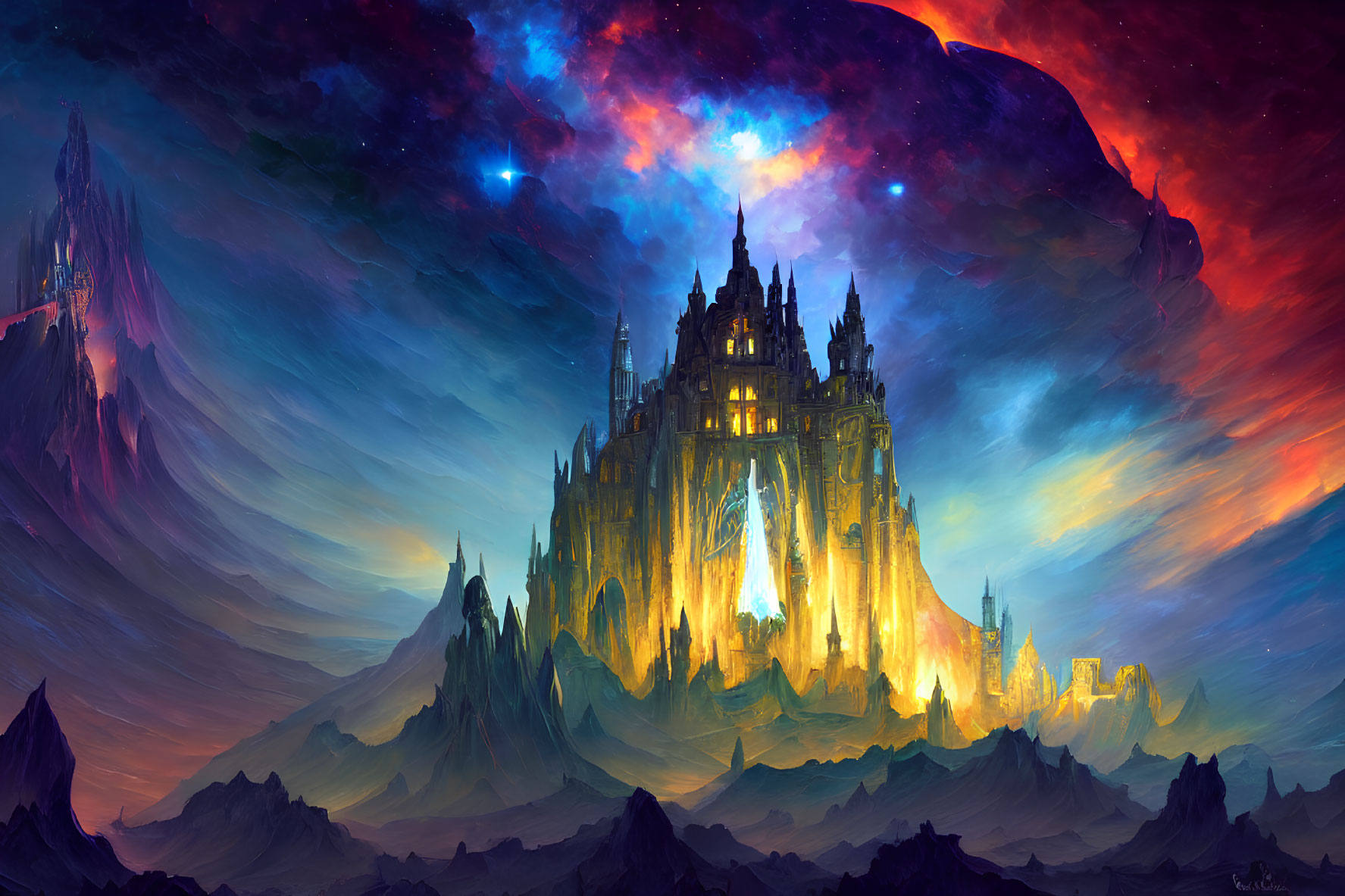 Majestic fantasy castle in golden light with cosmic sky