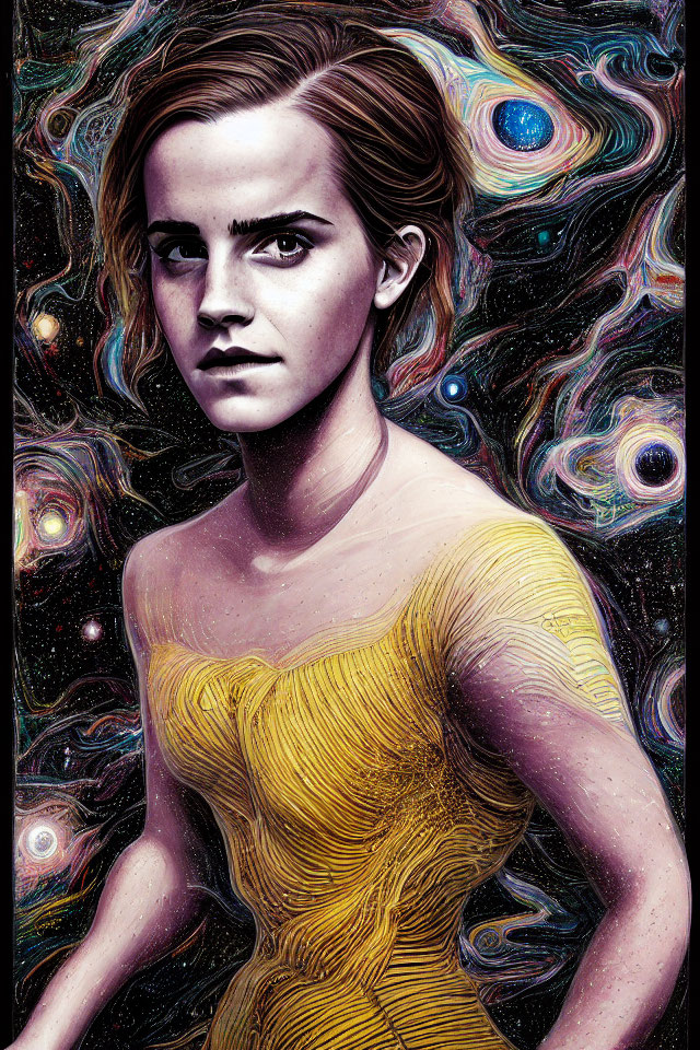 Vibrant portrait of woman with short hair in cosmic setting