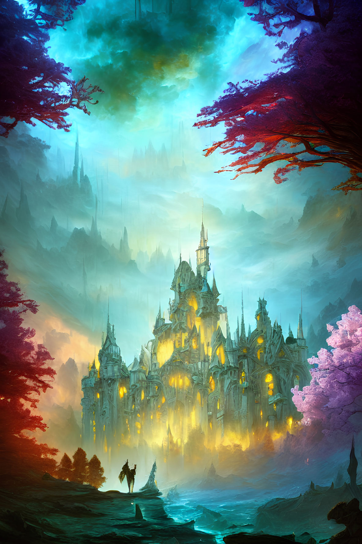 Fantastical illuminated castle in misty forest with lone rider under vibrant sky