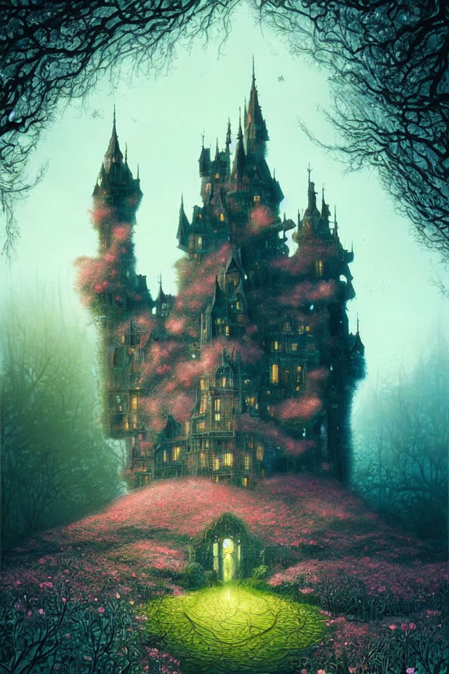 Eerie Gothic castle in misty forest with glowing entrance