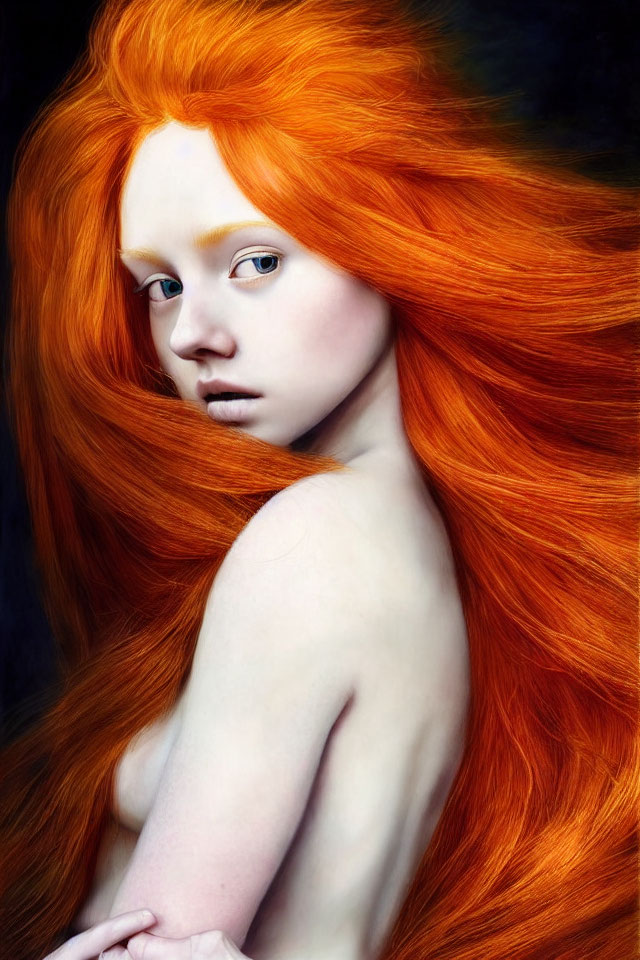 Striking portrait of a person with voluminous red hair and piercing blue eyes