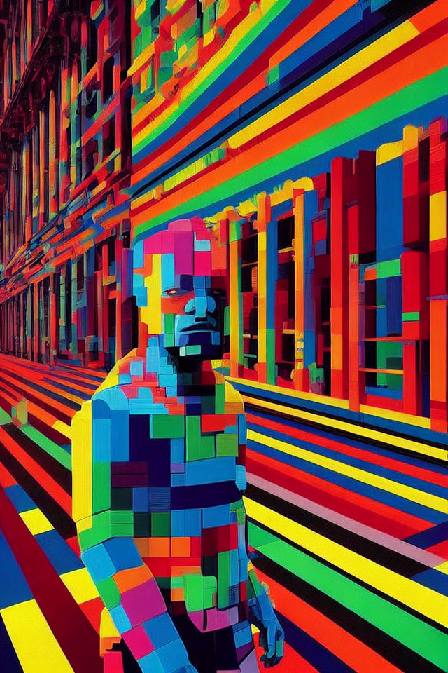 Colorful Pixelated Artwork Featuring Figure and Urban Backdrop