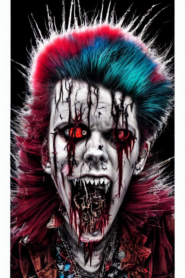 Punk Style Person with Scary Clown Makeup in Red and Blue