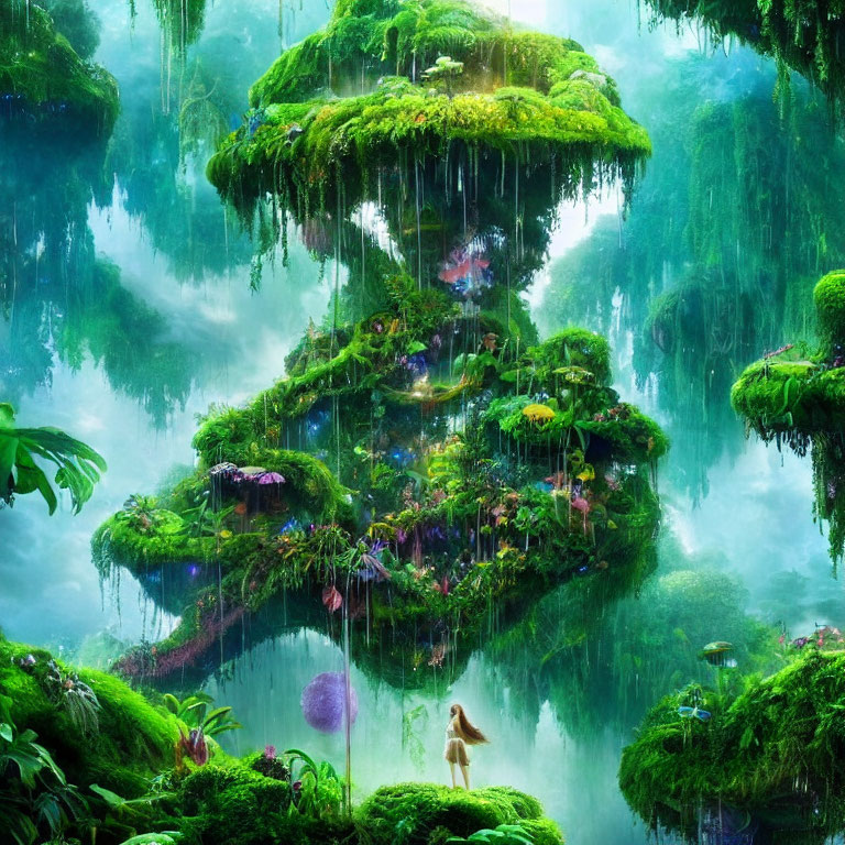 Enchanting forest with floating islands and waterfalls captured in a serene moment