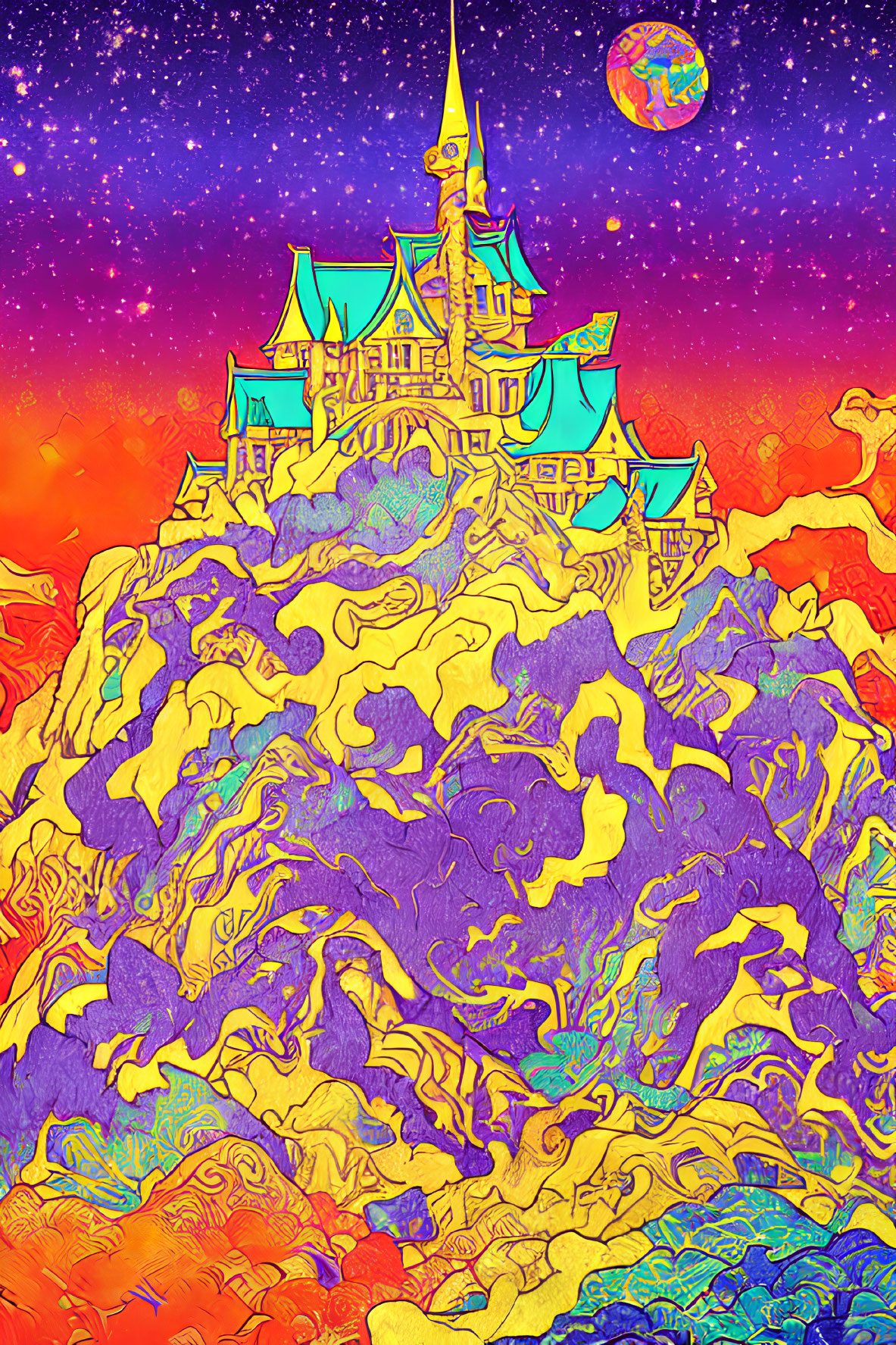 Colorful Psychedelic Castle on Mountain with Swirling Patterns