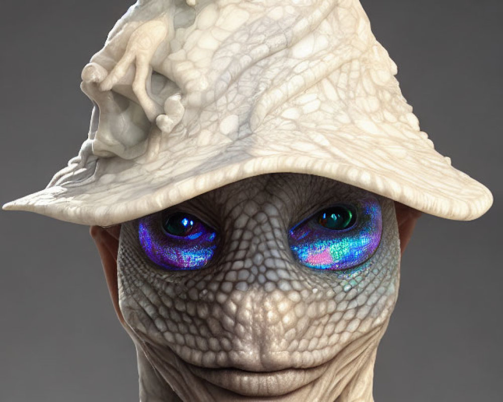 Textured reptilian creature with blue eyes wearing pointed hat and small figure climbing.