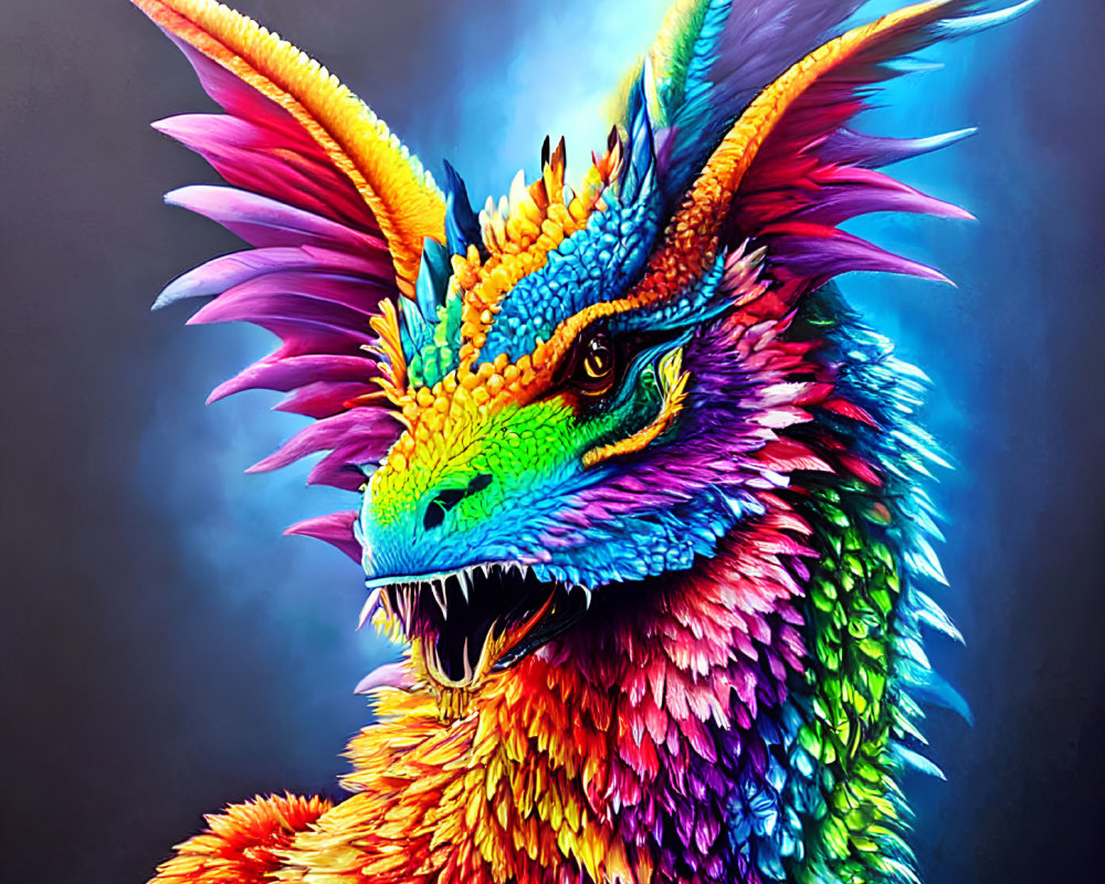 Colorful Dragon with Sharp Teeth and Horn on Blue Background