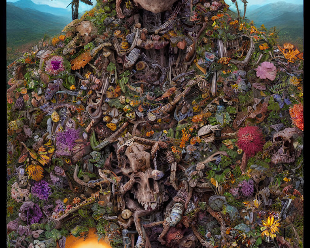 Skull surrounded by vibrant flowers and bones at sunset in detailed artwork