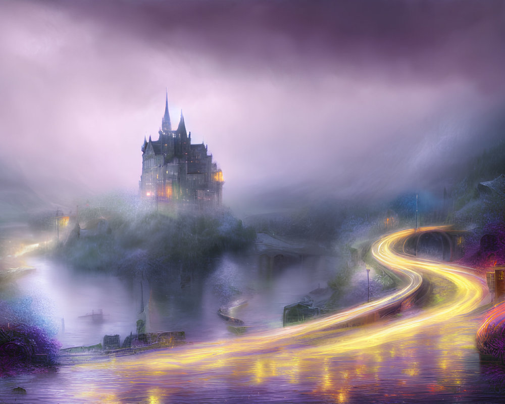 Mystical castle on foggy hill with light trails in twilight