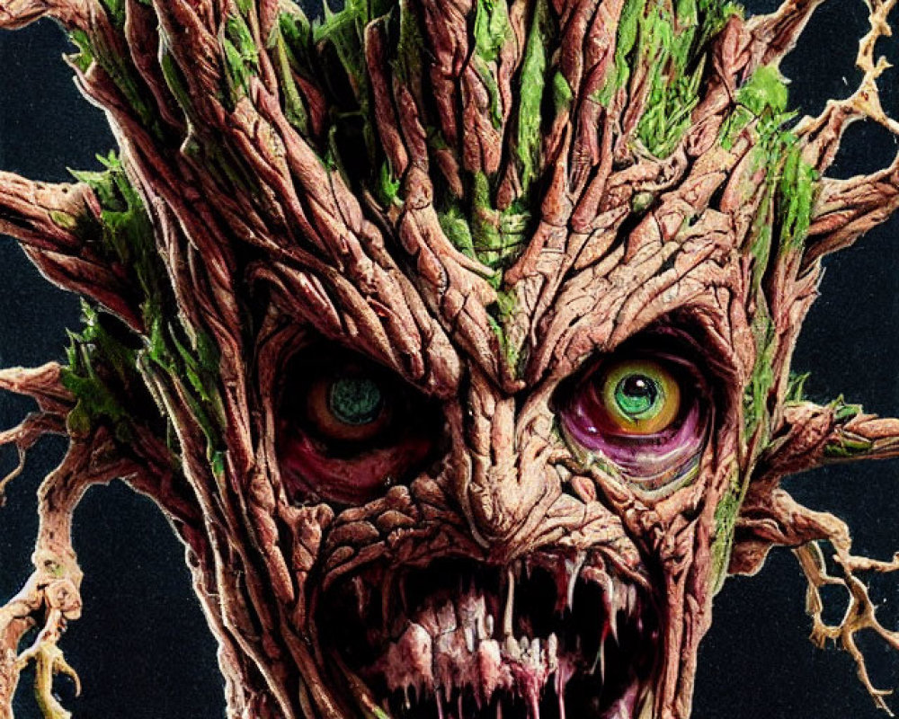 Detailed illustration of creature with tree-like appearance, green eyes, bark skin, intertwining branches