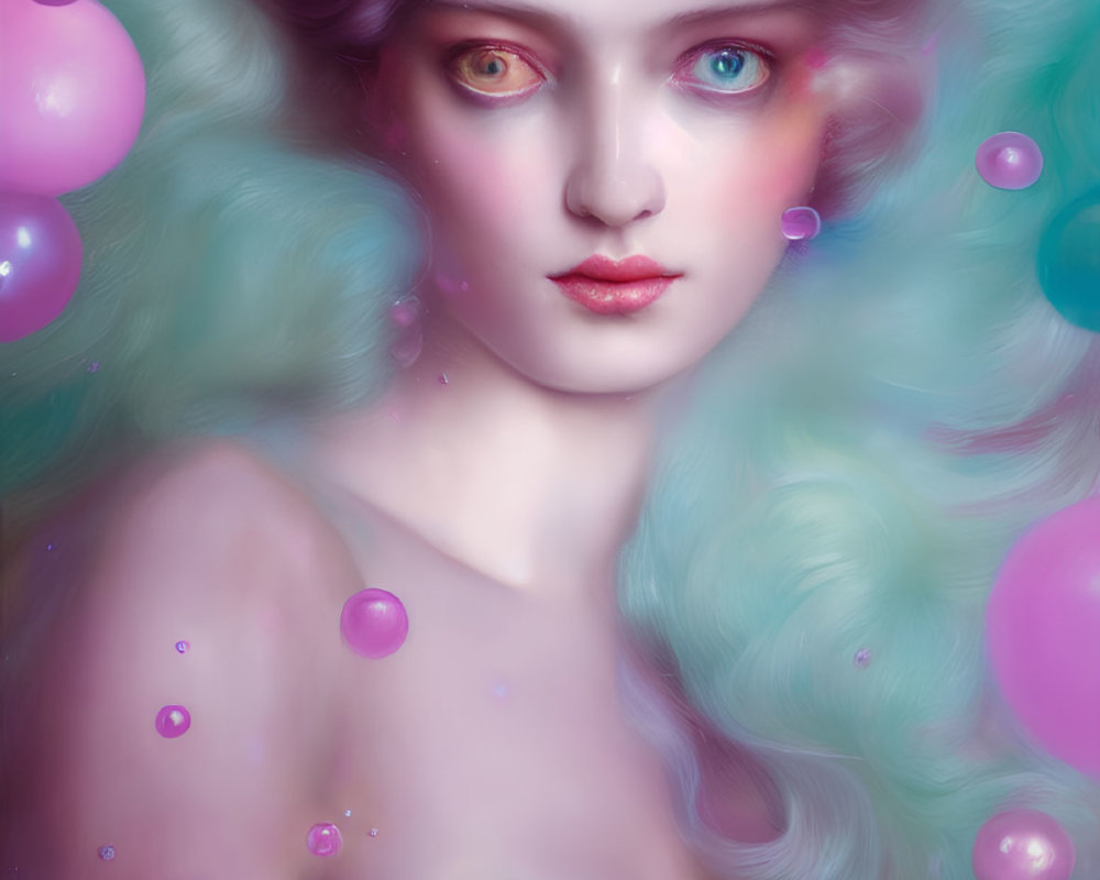 Pastel Purple Hair Female Figure with Heterochromic Eyes in Dreamy Portrait